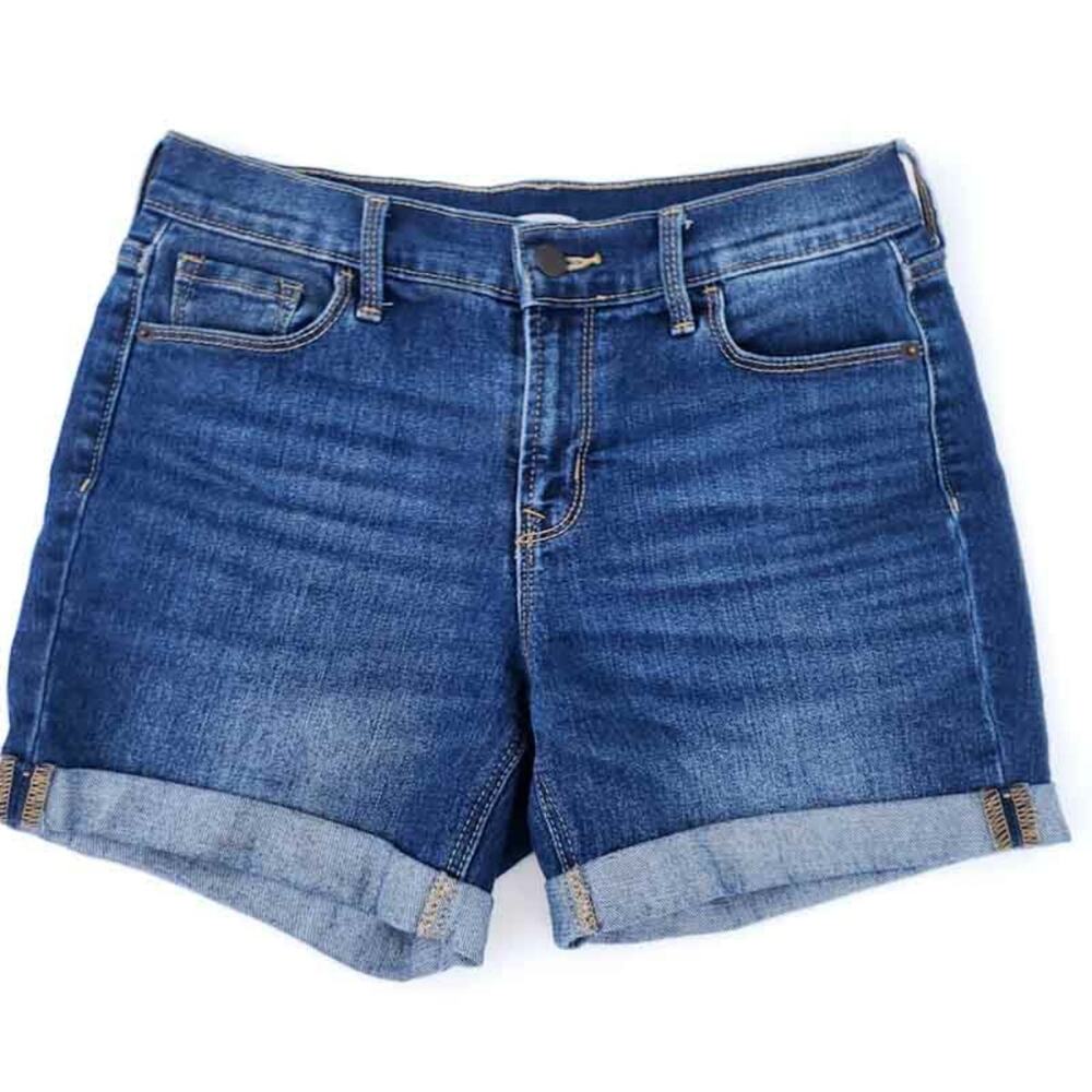 Old Navy Blue Jean Denim Shorts Size 2 Women, Rolled Cuff, Mid-Wash, Zip Close
